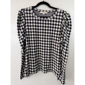 LOFT Navy/white Checkered Puffy Sleeve Scoopneck Top Size XL